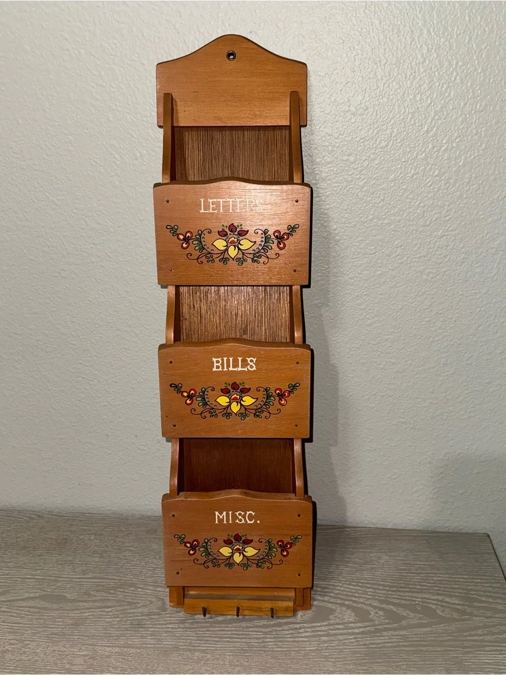 vintage three-tier wooden wall mail organizer hand-painted floral, labeled